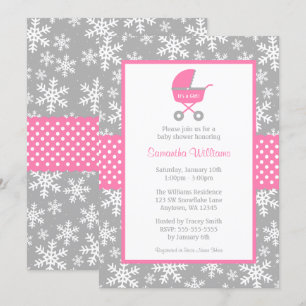 Pink and Grey Carriage Snowflakes Baby Shower Invitation