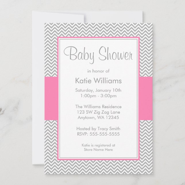 Pink and Grey Chevron Baby Shower Invitations (Front)