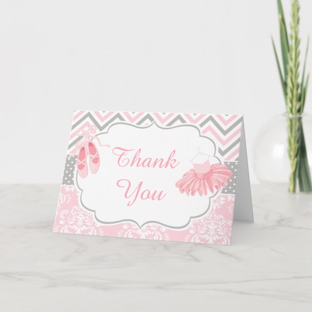 Pink and Grey Chevron Ballerina Thank You Card (Front)