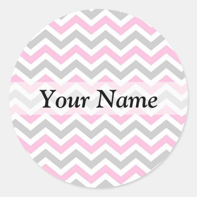 Pink and grey chevron pattern classic round sticker (Front)