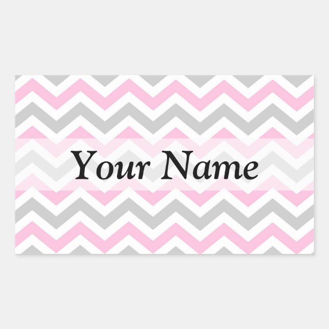 Pink and grey chevron pattern rectangular sticker (Front)