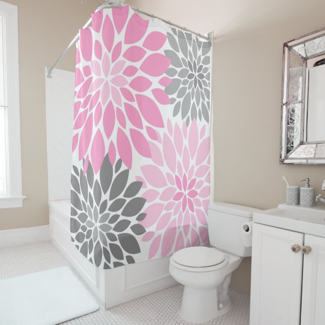 Pink and Grey Chrysanthemums Floral Pattern Shower Curtain (In Situ)