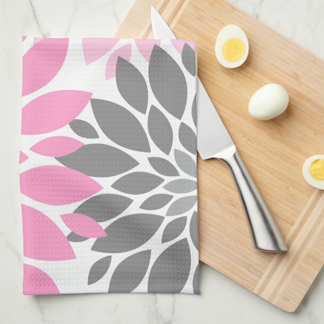 Pink and Grey Chrysanthemums Floral Pattern Tea Towel (Quarter Fold)