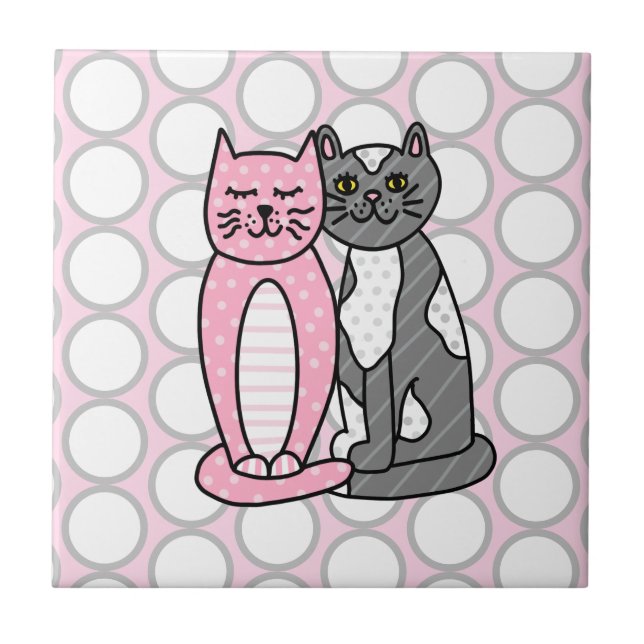 Pink and Grey Cuddly Cute Kitty Cats    Tile (Front)