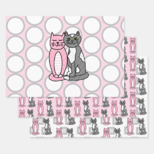 Pink and Grey Cuddly Cute Kitty Cats    Wrapping Paper Sheet
