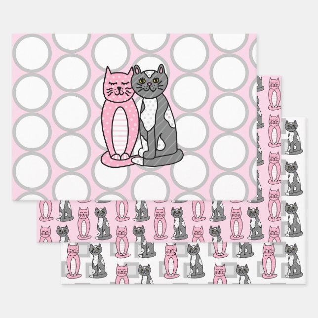 Pink and Grey Cuddly Cute Kitty Cats    Wrapping Paper Sheet (Set)