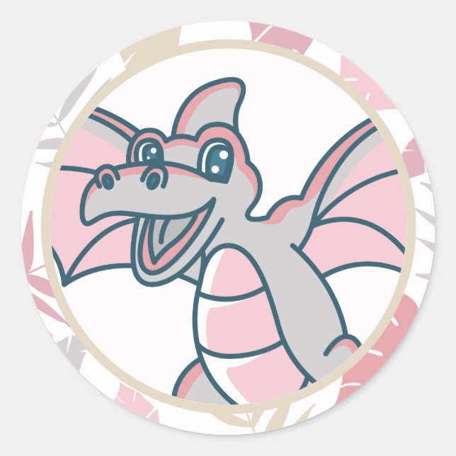 Pink and Grey  Cute Dragon Dinosaur Classic Round Sticker (Front)