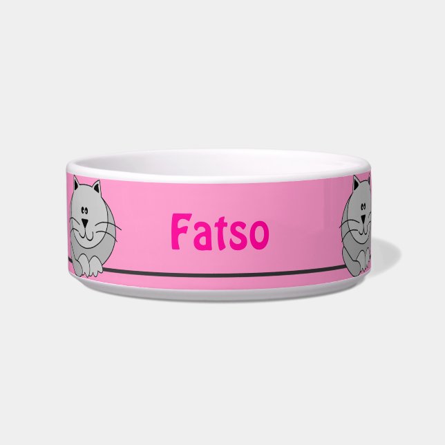 Pink and Grey Cute Fat Cat Personalised Pet Bowl (Front)