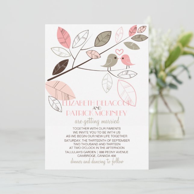 Pink and Grey Cute Lovebirds Wedding Invitation (Standing Front)