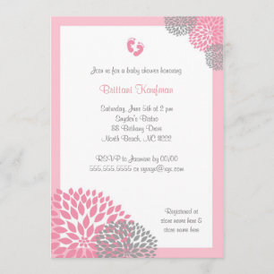 Pink and Grey Dahlia Baby Shower Invite with feet