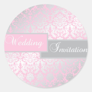 Pink and Grey Damask 1.5" Round Sticker