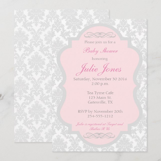 Pink and Grey Damask Baby Shower Invitation (Front/Back)