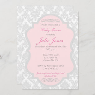 Pink and Grey Damask Baby Shower Invitation