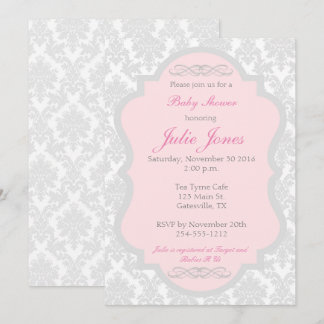 Pink and Grey Damask Baby Shower Invitation
