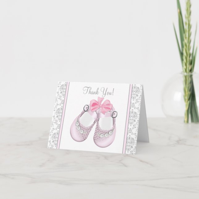 Pink and Grey Damask Baby Shower Thank You Cards (Front)