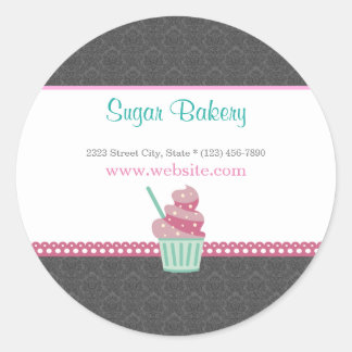 Pink and Grey Damask Bakery Cute Sticker Label