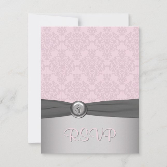 Pink and Grey Damask Ballerina RSVP Card (Front)