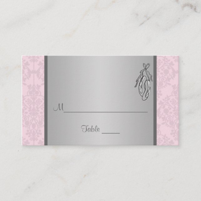Pink and Grey Damask, Ballet Slippers Place Card (Front)