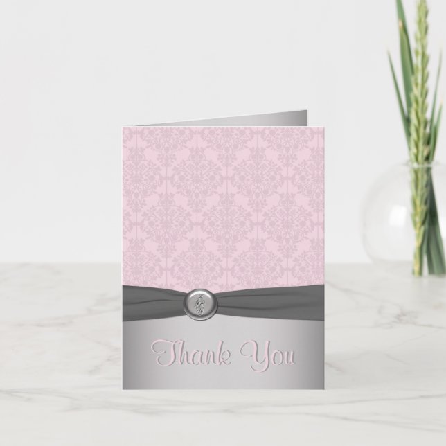 Pink and Grey Damask, Ballet Thank You Card (Front)