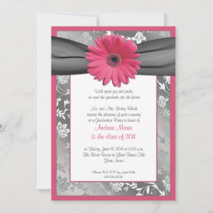 Pink and Grey Damask Graduation Invitation