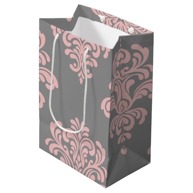 Pink and Grey Damask Pattern Medium Gift Bag (Front Angled)
