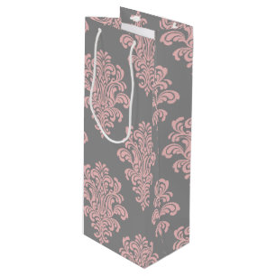 Pink and Grey Damask Pattern Wine Gift Bag