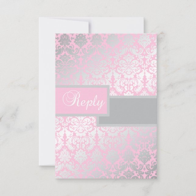 Pink and Grey Damask Reply Card (Front)