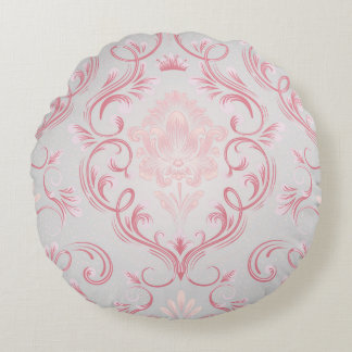 Pink and Grey Damask Round Throw Pillow