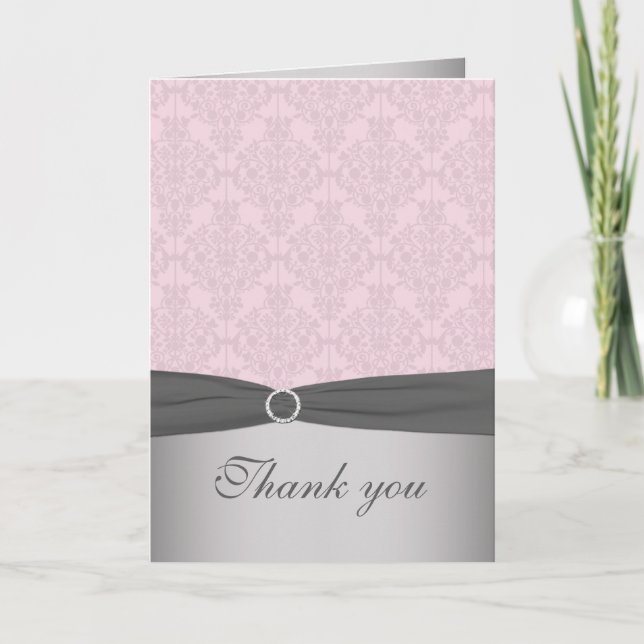 Pink and Grey Damask Thank You Card (Front)