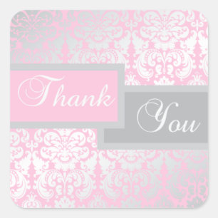 Pink and Grey Damask Thank You Sticker