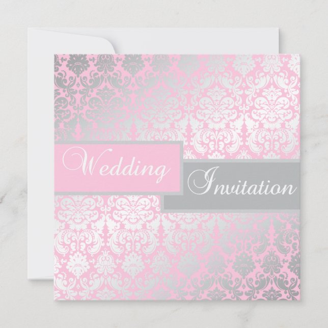 Pink and Grey Damask Wedding Invitation (Front)