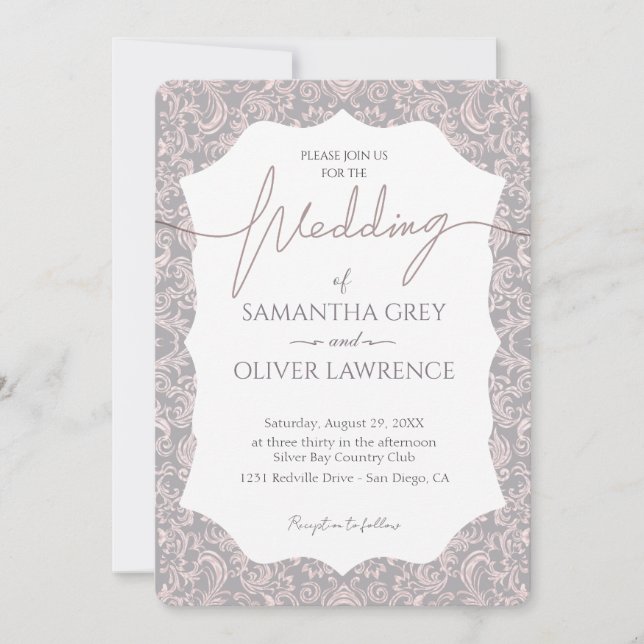 Pink and Grey Damask Wedding Invitation (Front)