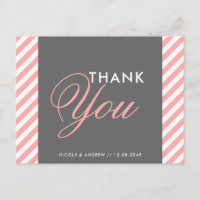 Pink and Grey Diagonal Stripes Thank You Post Card