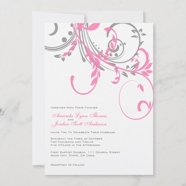 Pink and Grey Double Floral Wedding Invitation (Front)
