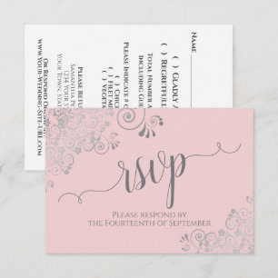 Pink and Grey Elegant Calligraphy Frilly Wedding RSVP Card