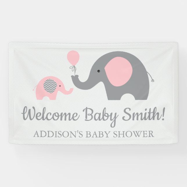 Pink and Grey Elephant Baby Shower Banner Poster (Horizontal)