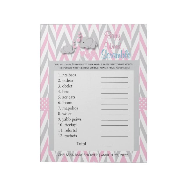 Pink and Grey Elephant Baby Shower Game 2 Notepad (Rotated)