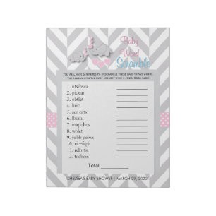 Pink and Grey Elephant Baby Shower Game Notepad