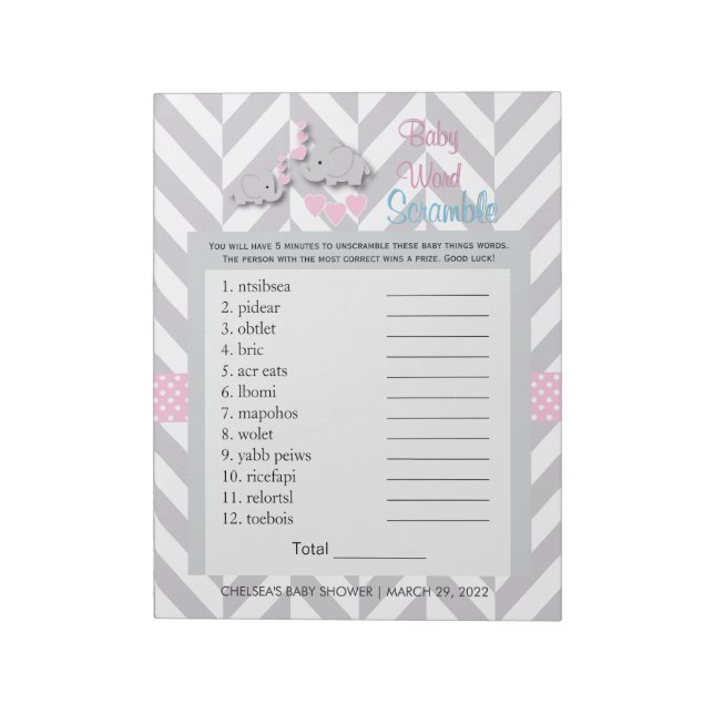 Pink and Grey Elephant Baby Shower Game Notepad (Rotated)