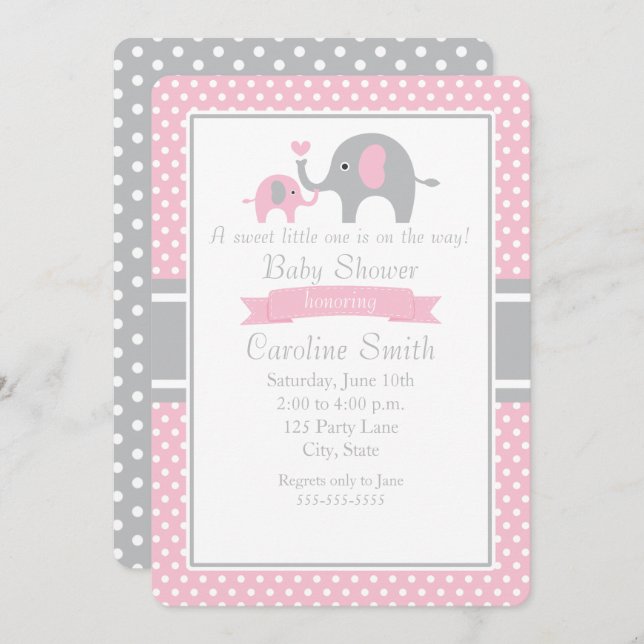 Pink and Grey Elephant Baby Shower Invitation (Front/Back)