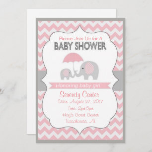 Pink and Grey Elephant Baby shower Invitations
