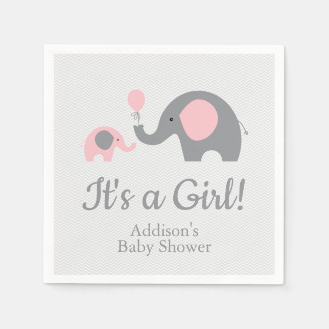 Pink and Grey Elephant Baby Shower Napkins (Front)