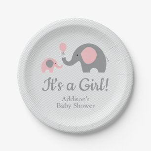 Pink and Grey Elephant Baby Shower Paper Plates