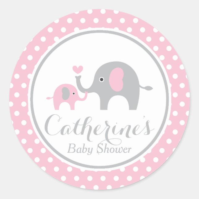 Pink and Grey Elephant Baby Shower Sticker (Front)
