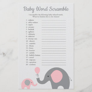 Pink and Grey Elephant Baby Shower Word Scramble Flyer