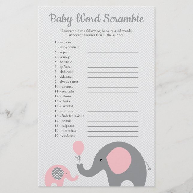 Pink and Grey Elephant Baby Shower Word Scramble Flyer (Front)