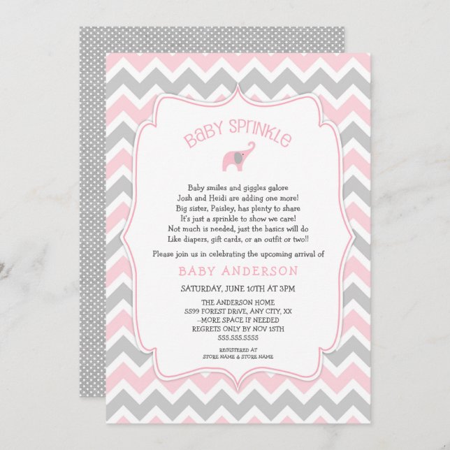 Pink and Grey elephant baby sprinkle Invitation (Front/Back)