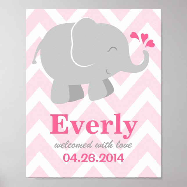 Pink and Grey Elephant | Modern Chevron Nursery Poster (Front)