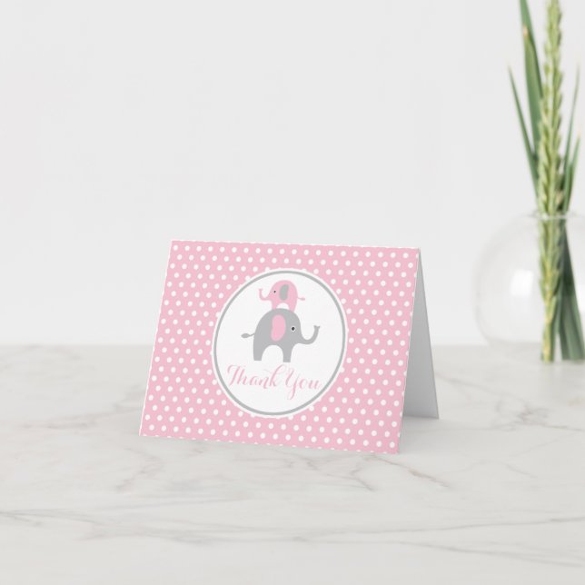 Pink and Grey Elephant Thank You Note Card (Front)