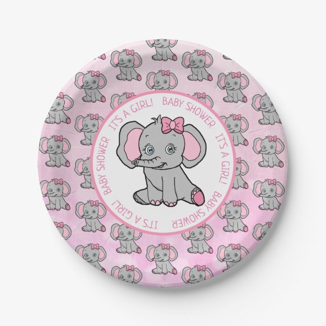 Pink and Grey Elephant Themed Baby Shower Paper Plate (Front)